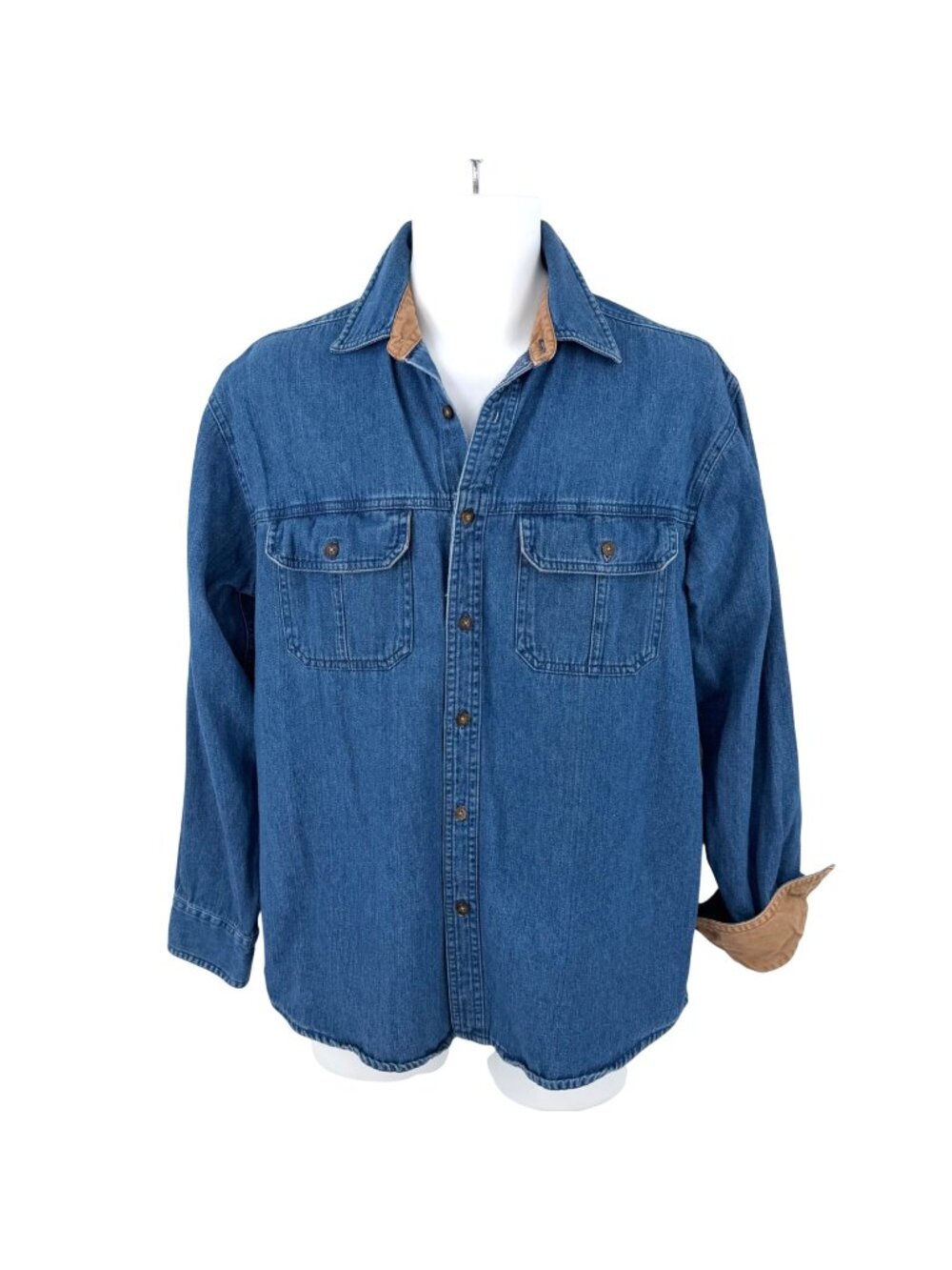 FADED GLORY BLUE DENIM BUTTONDOWN SHIRT KHAKI ACCENTS WESTERN COWBOY M 38/40